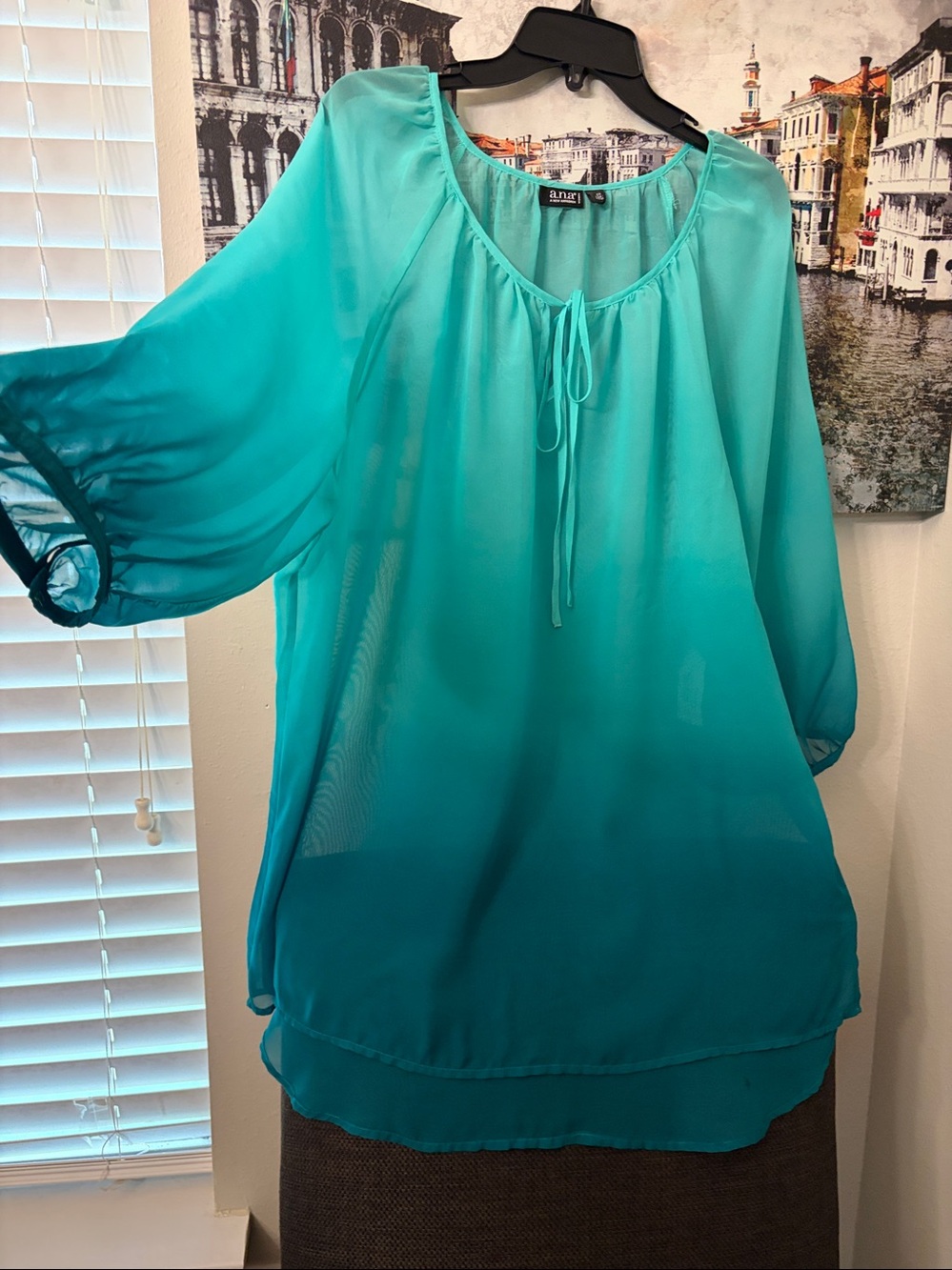 a.n.a Teal Sheer Tie-Neck Peasant Tunic 2X - Picture 7 of 12